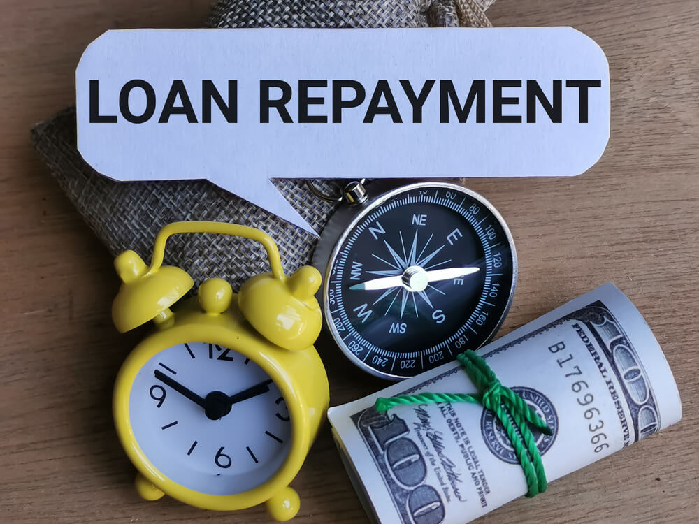 clock, compass, and cash with dialogue bubble that says "loan repayment"