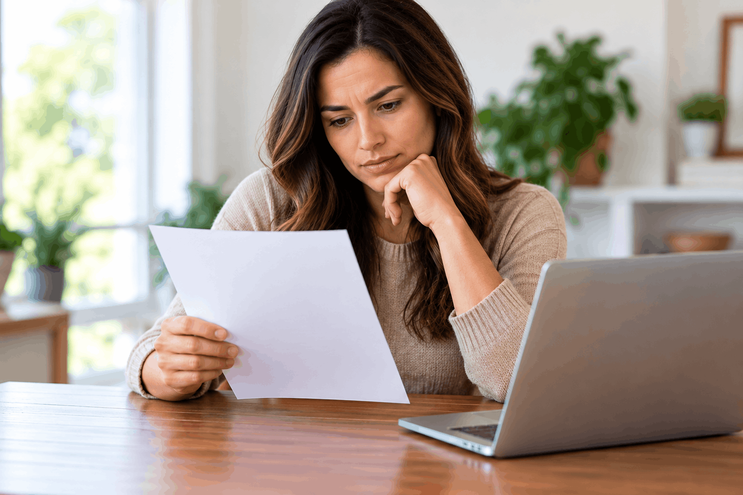Woman reading document at a desk
