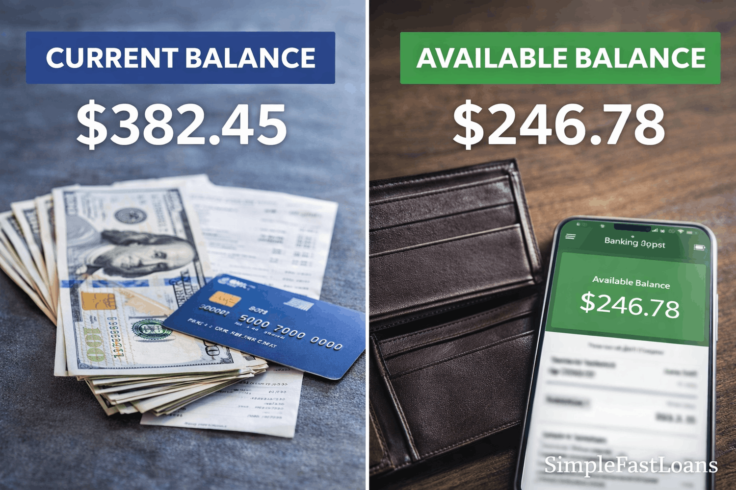 Split image comparing bank balances next to an open wallet and a smartphone banking app