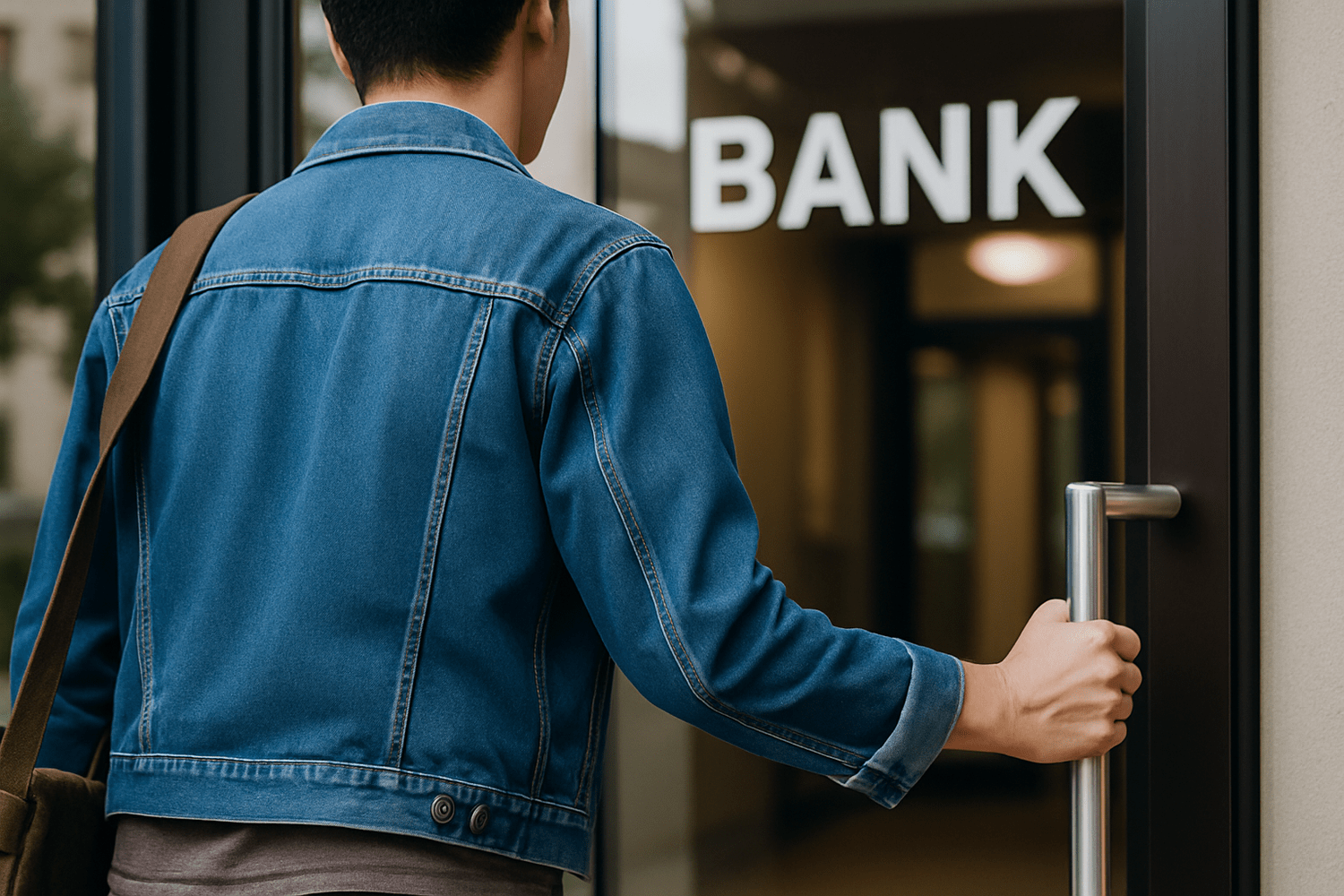 Person walking through a bank door