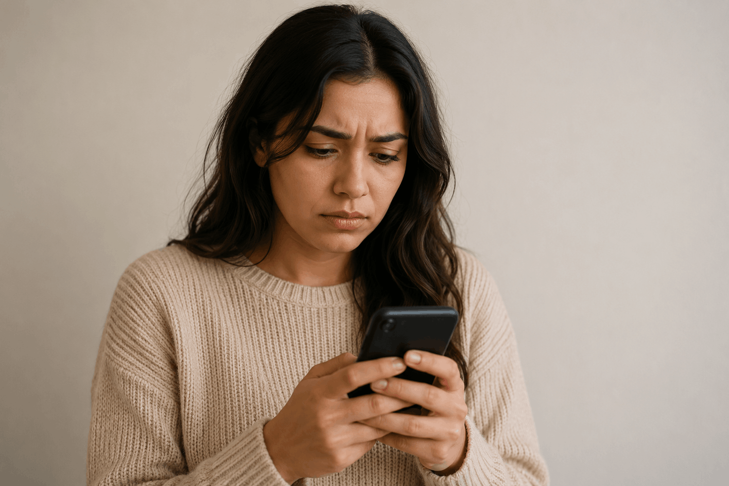 Concerned woman in a beige sweater looking down at her smartphone