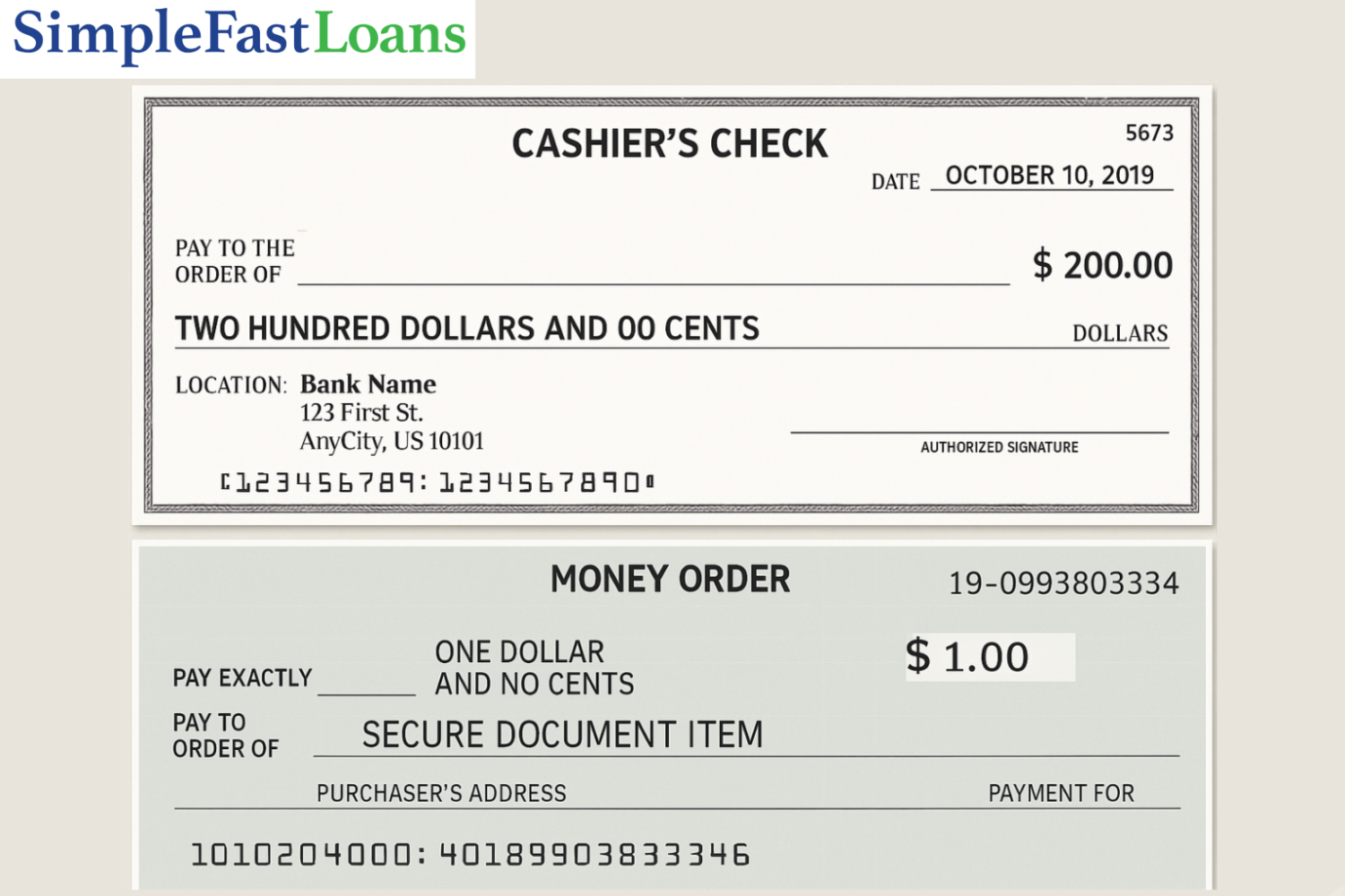 A money order and a cashier's check side by side comparison