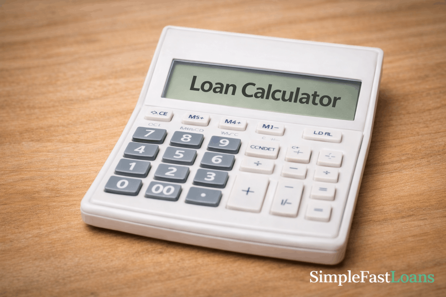 A calculator with the text "loan calculator" on the screen.