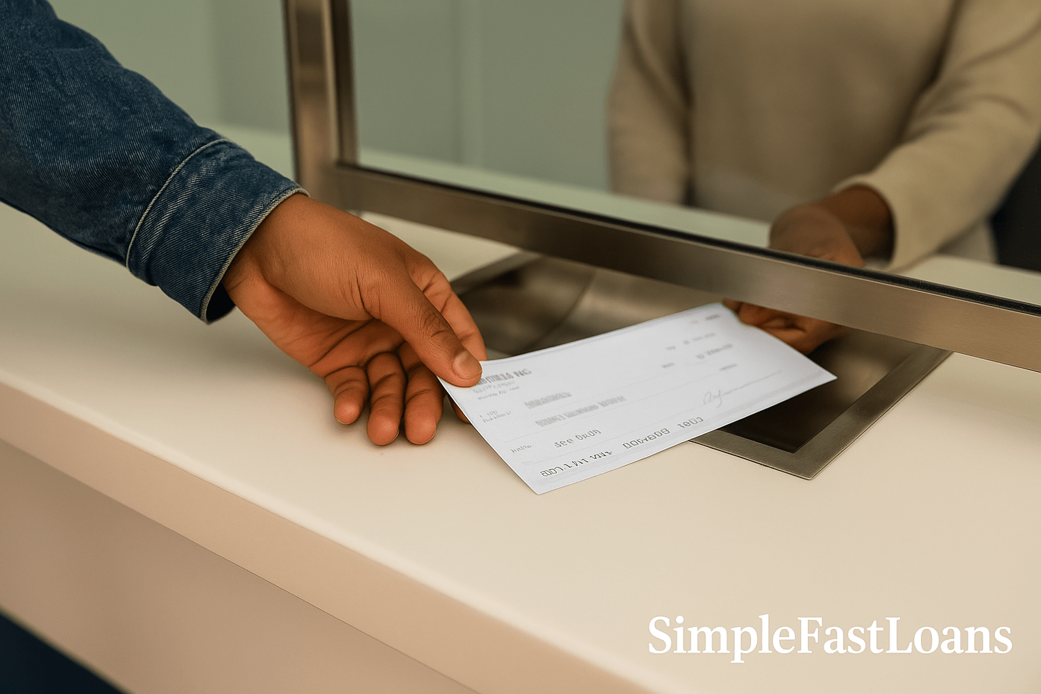 Person slides a check across a teller counter under glass