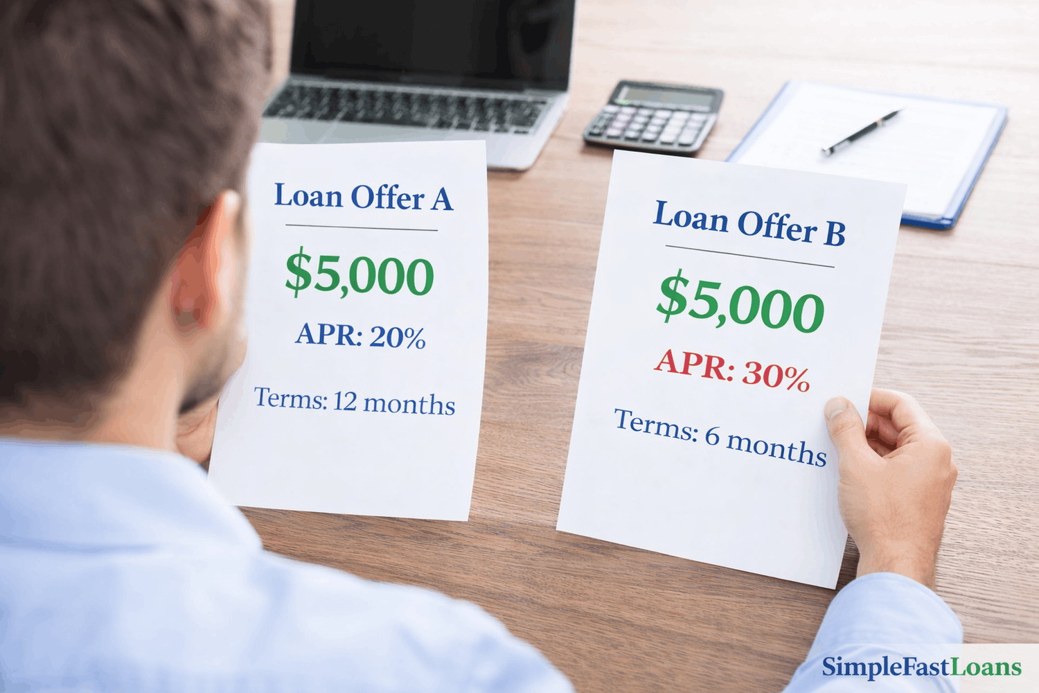 an holding two loan offers labeled Loan Offer A and Loan Offer B showing $5,000 amounts with 20% and 30% APR and different loan terms