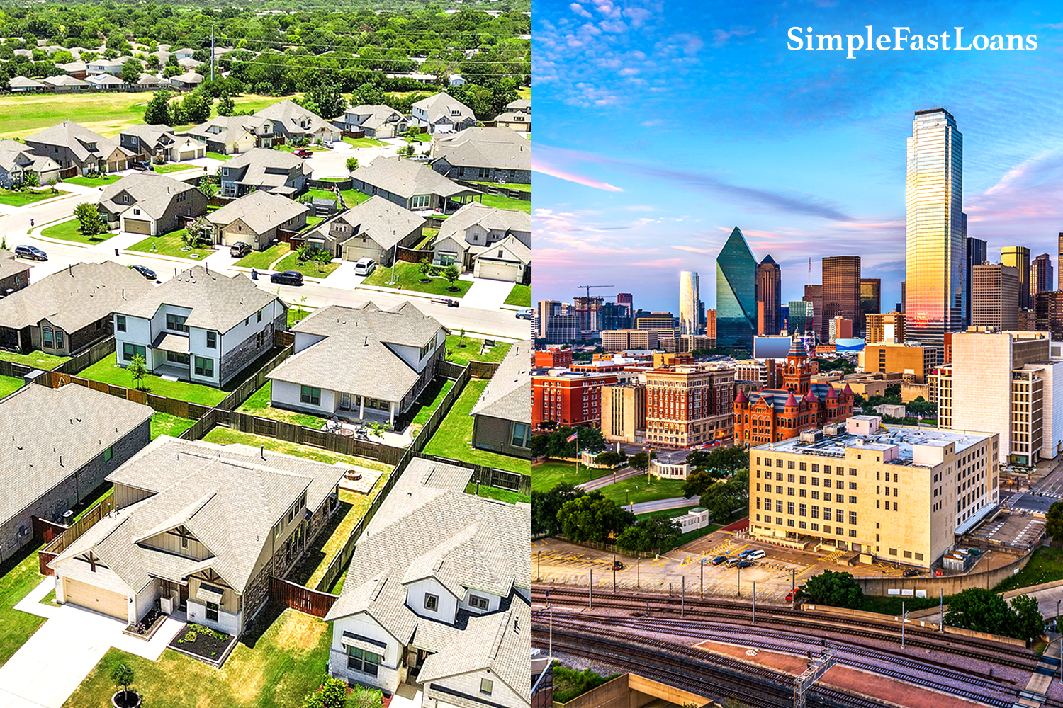 Texas cost of living shown with suburban homes compared to the Dallas city skyline
