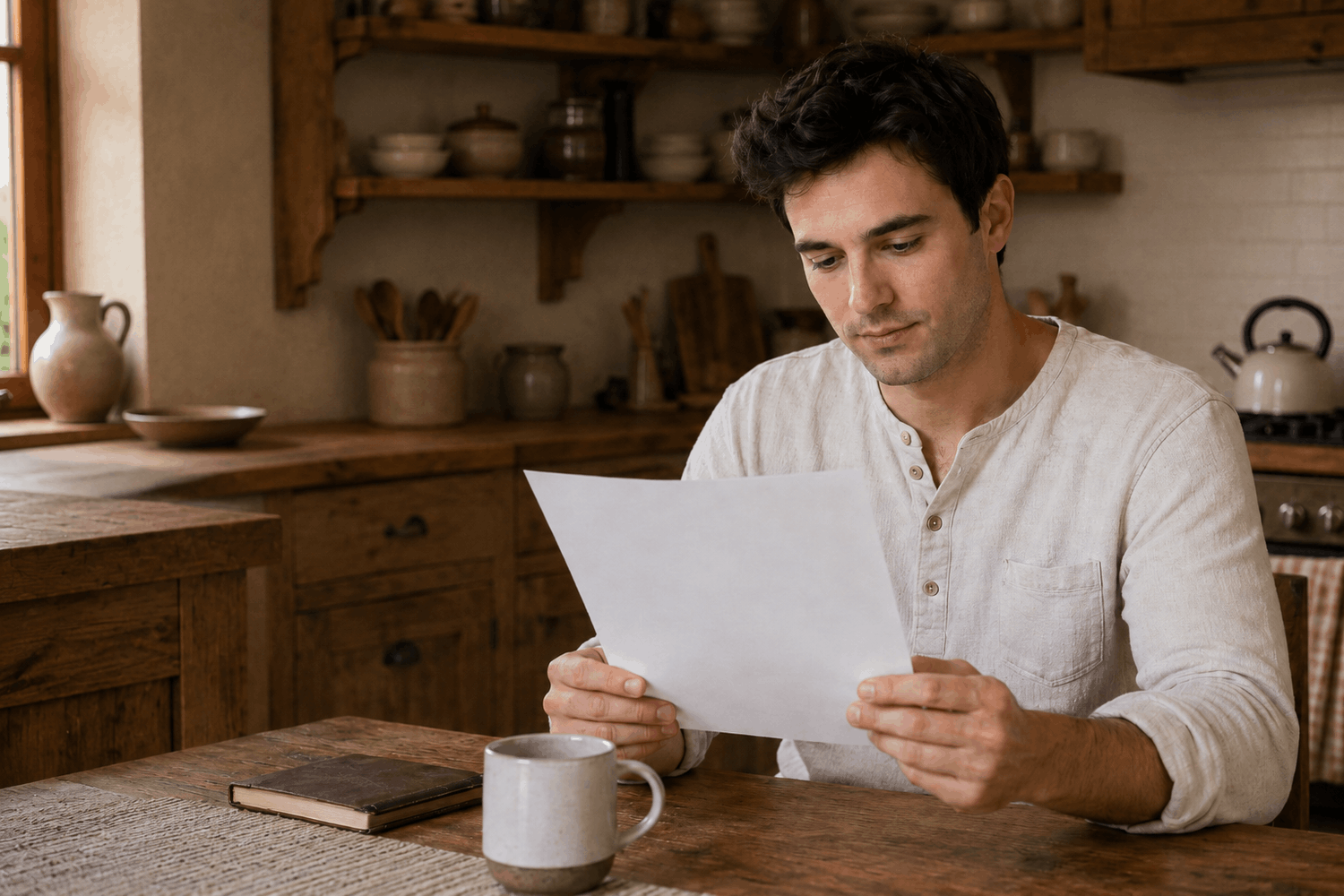 man holding paper while sitting at a table in the kitchen