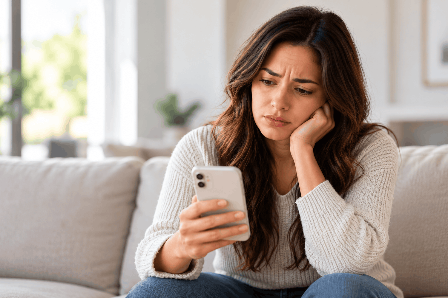 Worried woman on her phone sitting on a couch