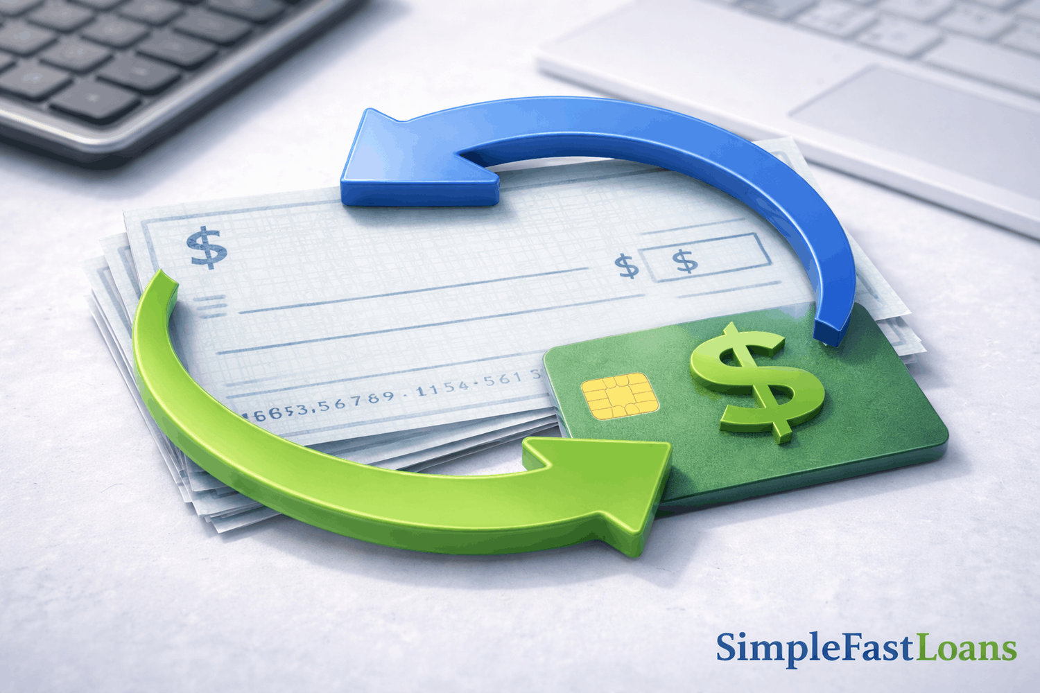 Blue and green arrows in a circle over a credit card and check