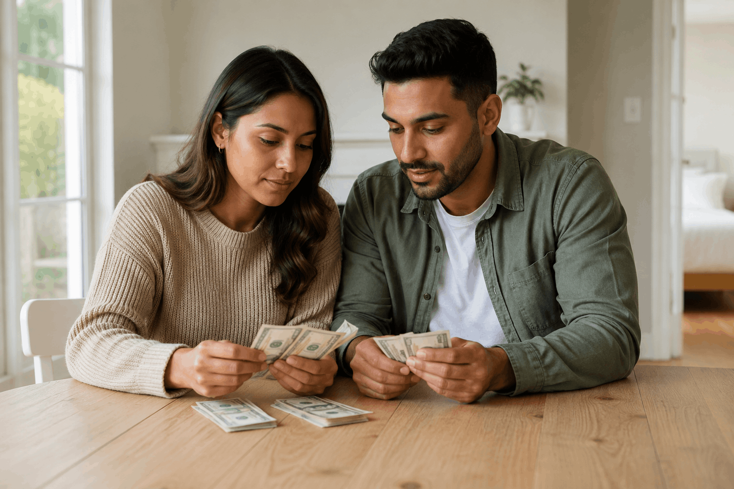 Couple holding cash at wooden table