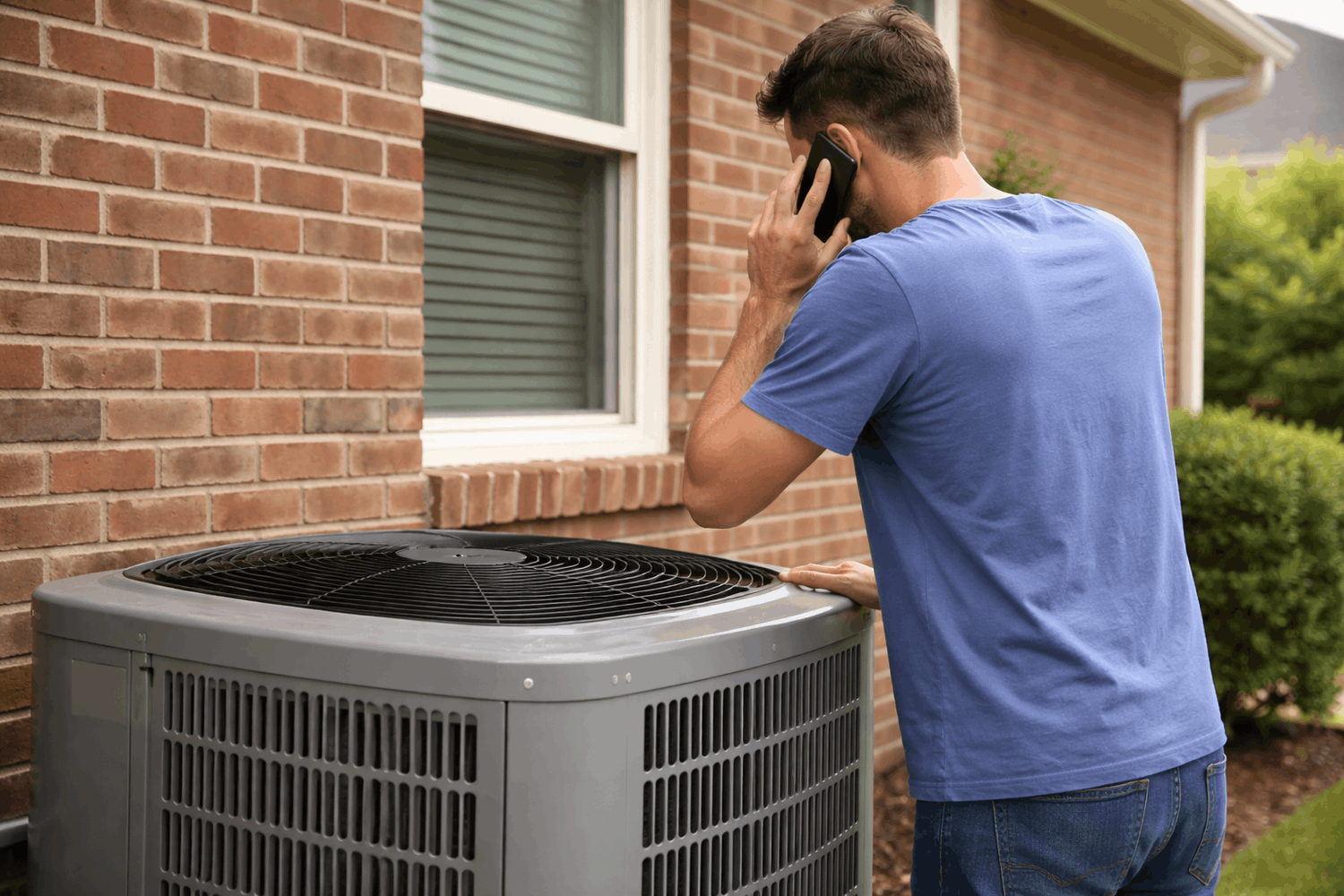 Florida resident using phone next to outdoor AC unit at home