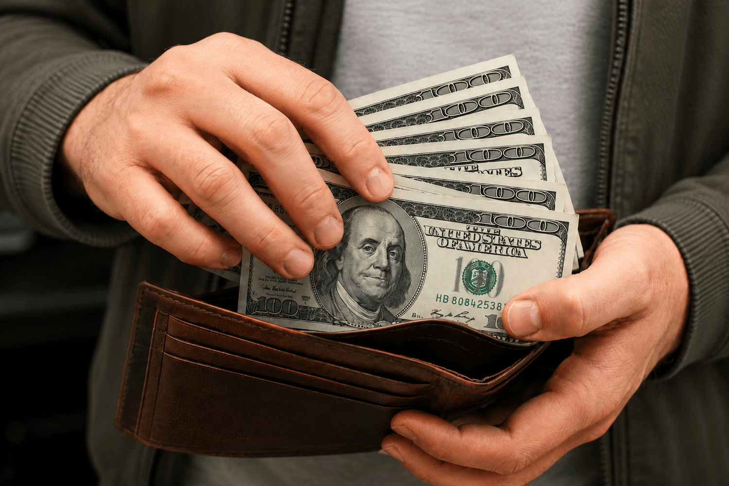 Man with dollar bills in a wallet