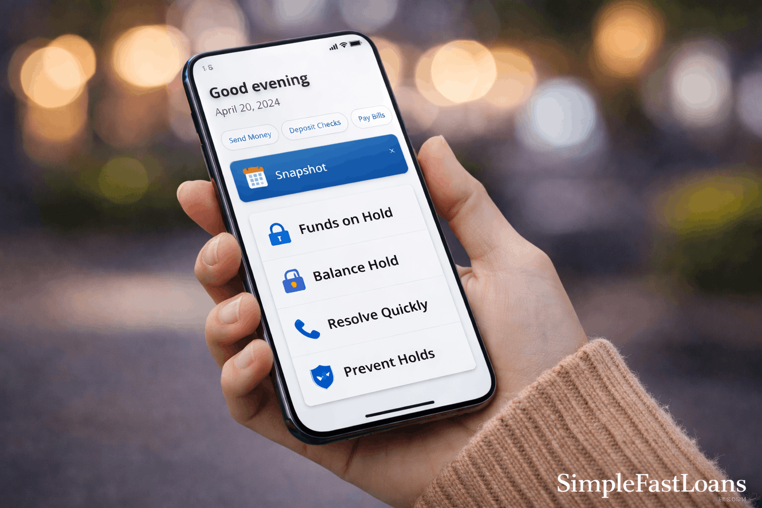 Mobile banking app showing funds on hold and balance hold icons on a bank account