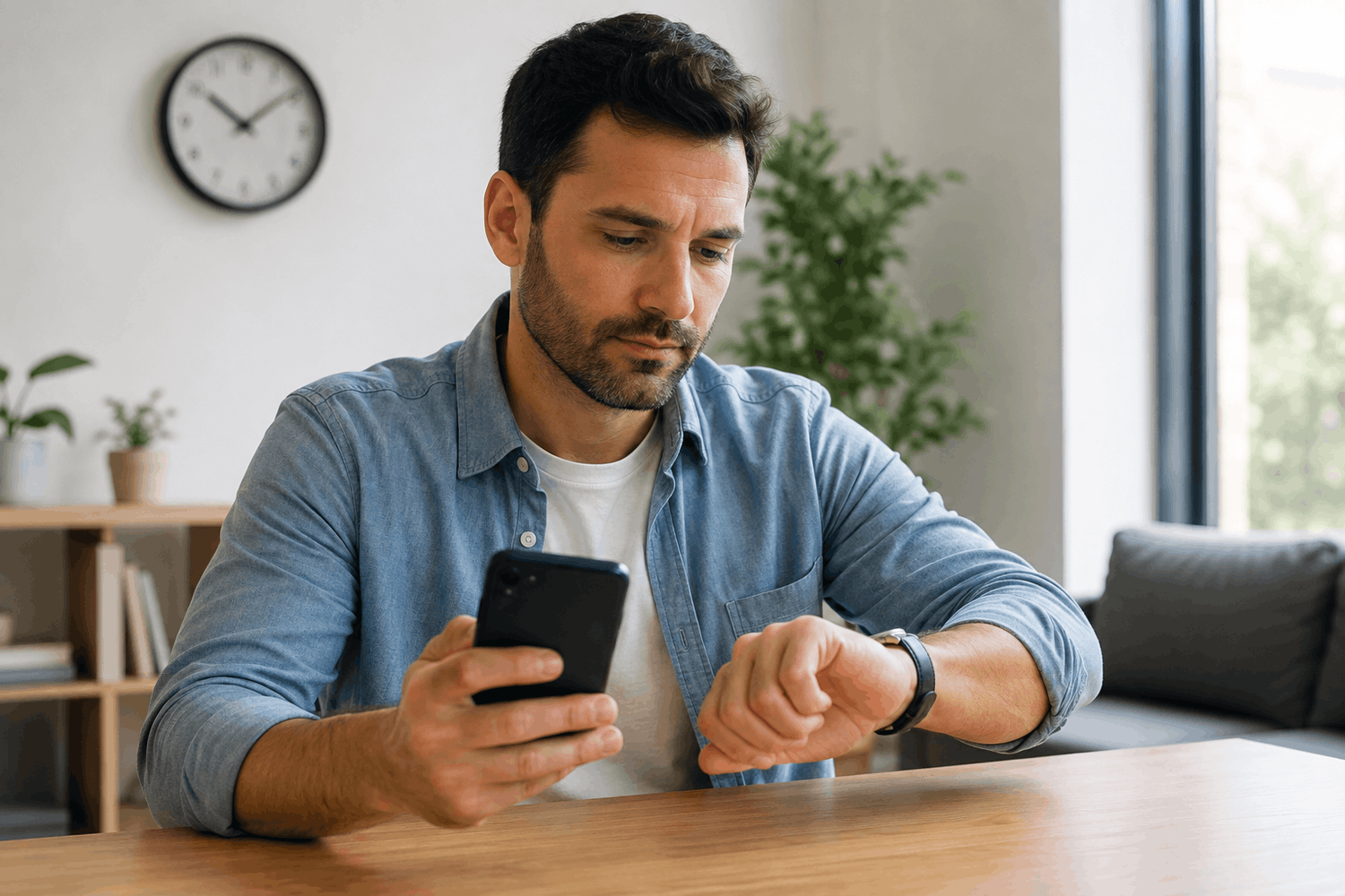 Man holding a smartphone and checking his wristwatch at a table.