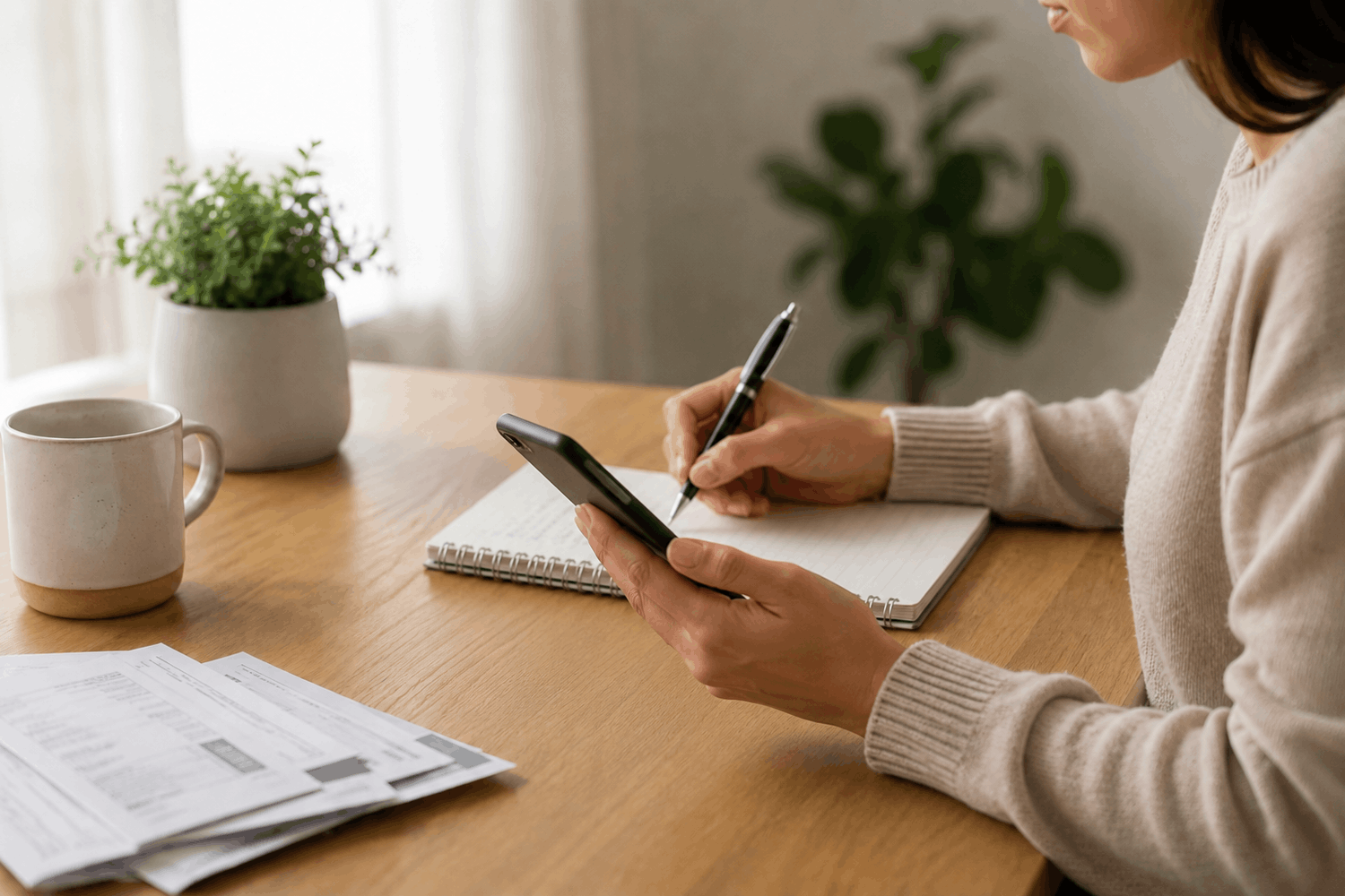 Woman holding a smartphone and writing in a notebook at a desk.