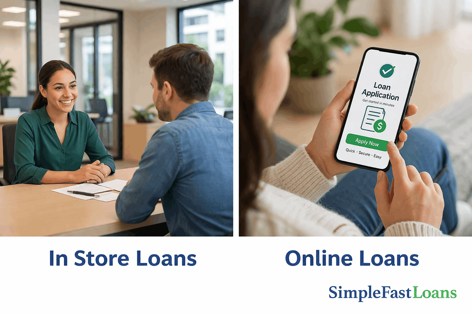 In-store loan application with representative and online loan application on a smartphone