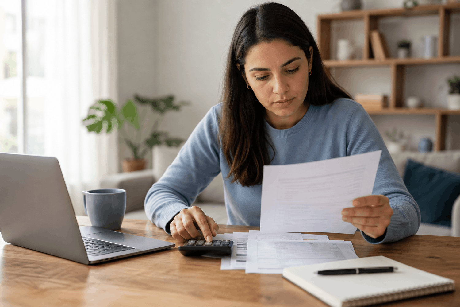 Woman reviewing financial documents at a table with a laptop and calculator.