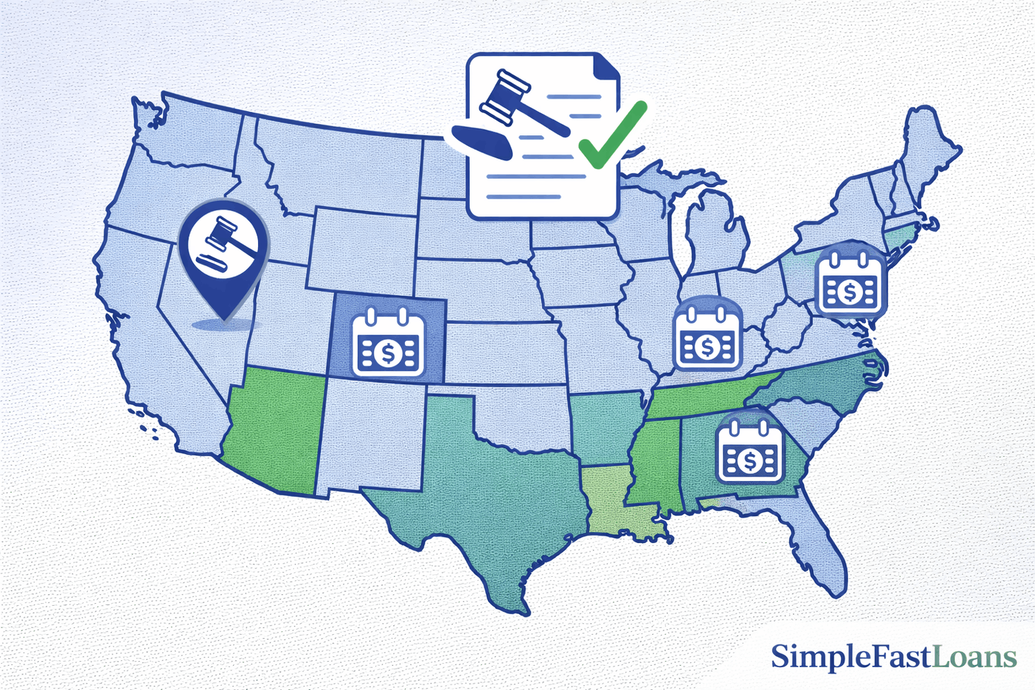 Blue and green map of the united states with installment loan law icons