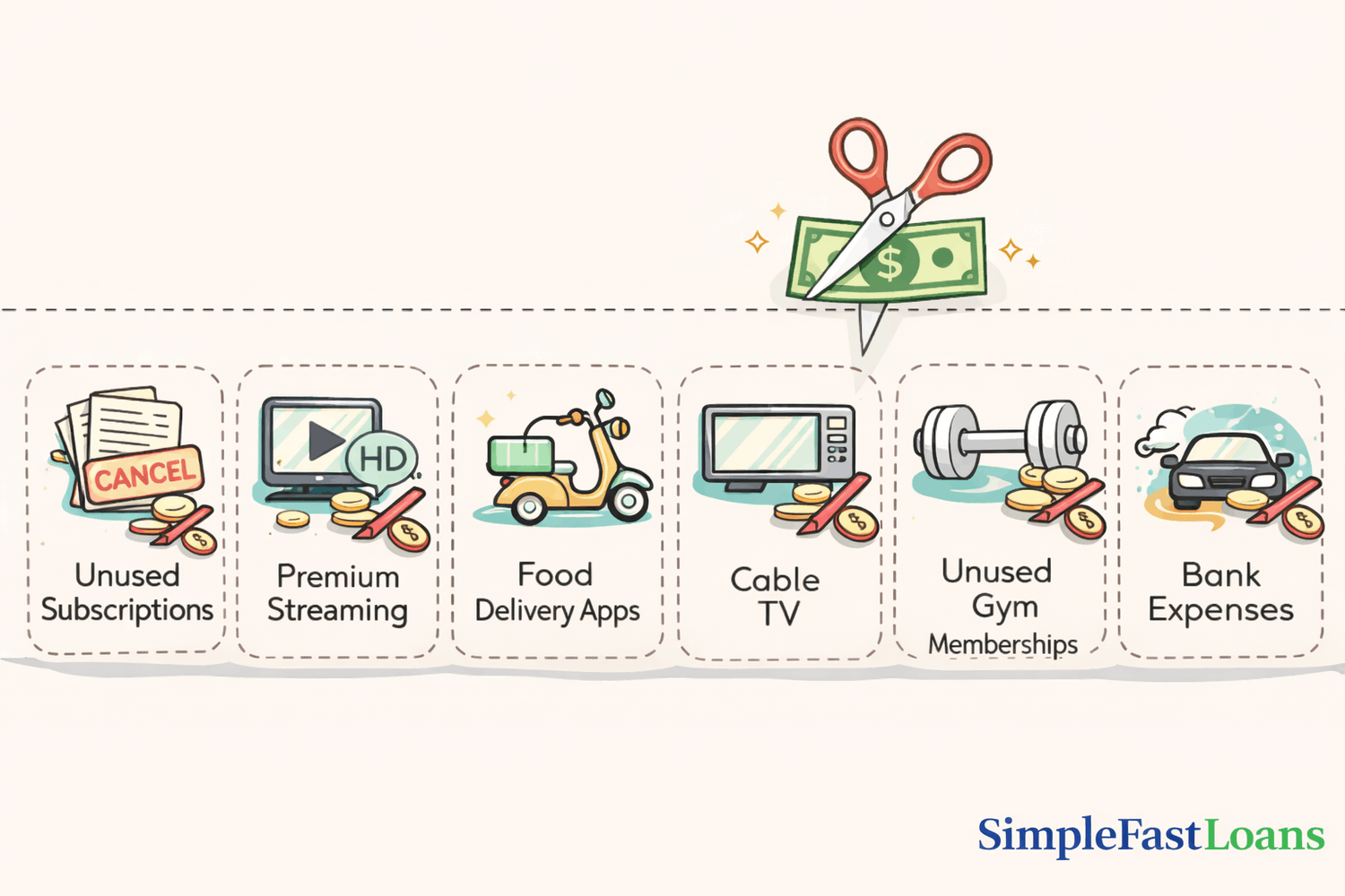 Services lined up like coupons being cut to save money, with SimpleFastLoans logo in bottom right corner.