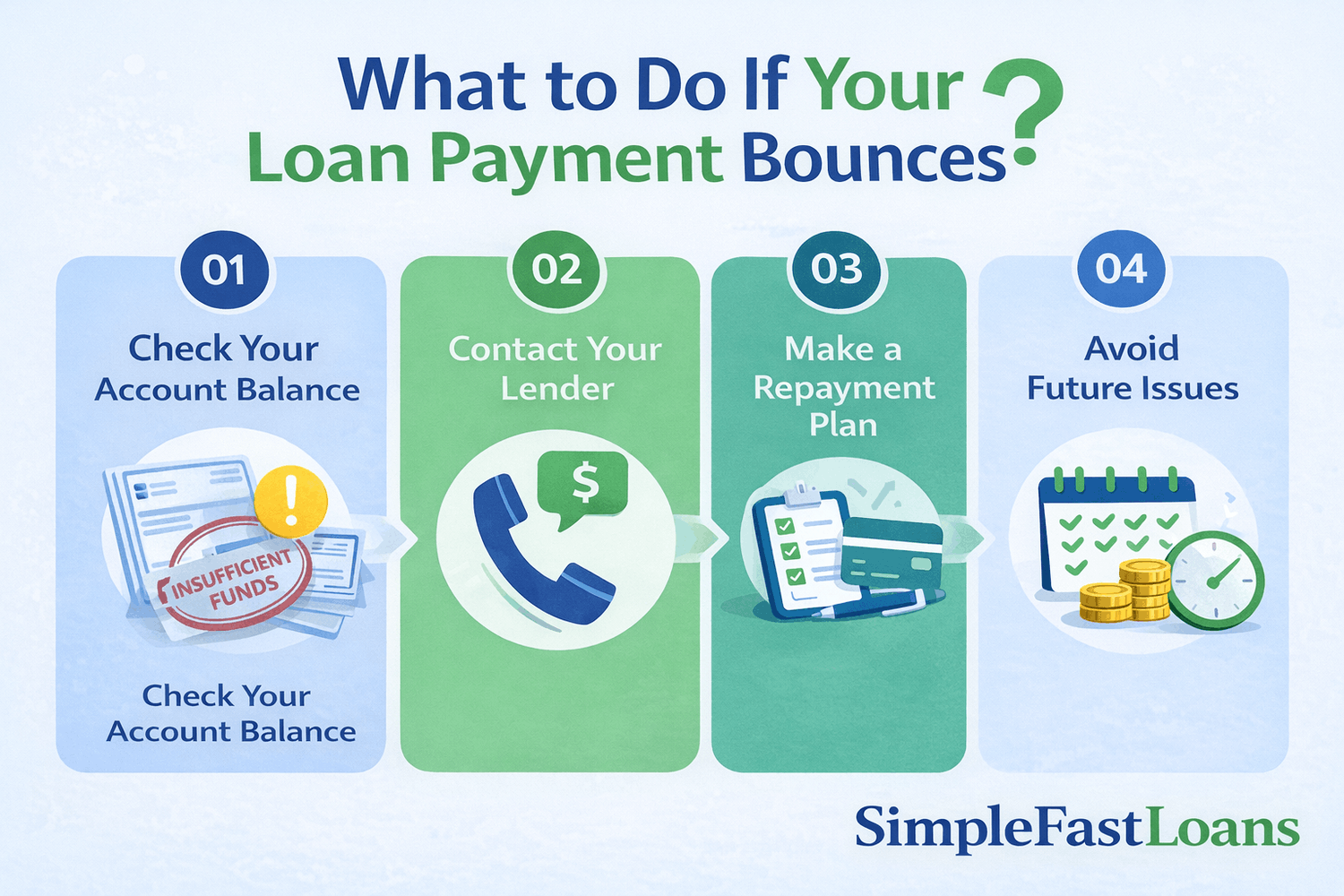 Infographic showing steps to take if a loan payment bounces, including checking balance, contacting the lender, and planning repayment.