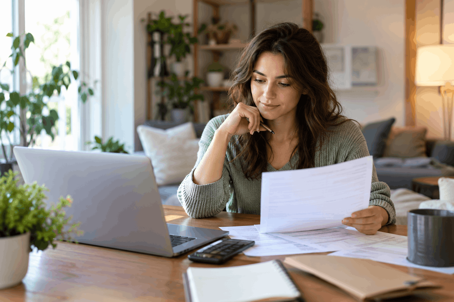 Woman holding a paper document in front of a laptop computer