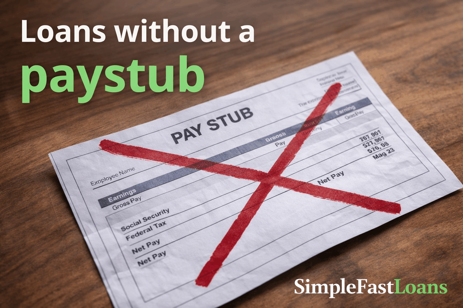 Loans without a paystub showing a paper paystub crossed out with a red X