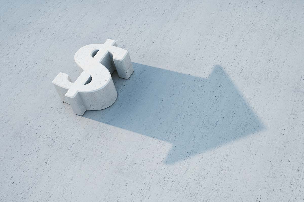 Dollar sign with shadow that turns into arrow for fast cash from title loans made today