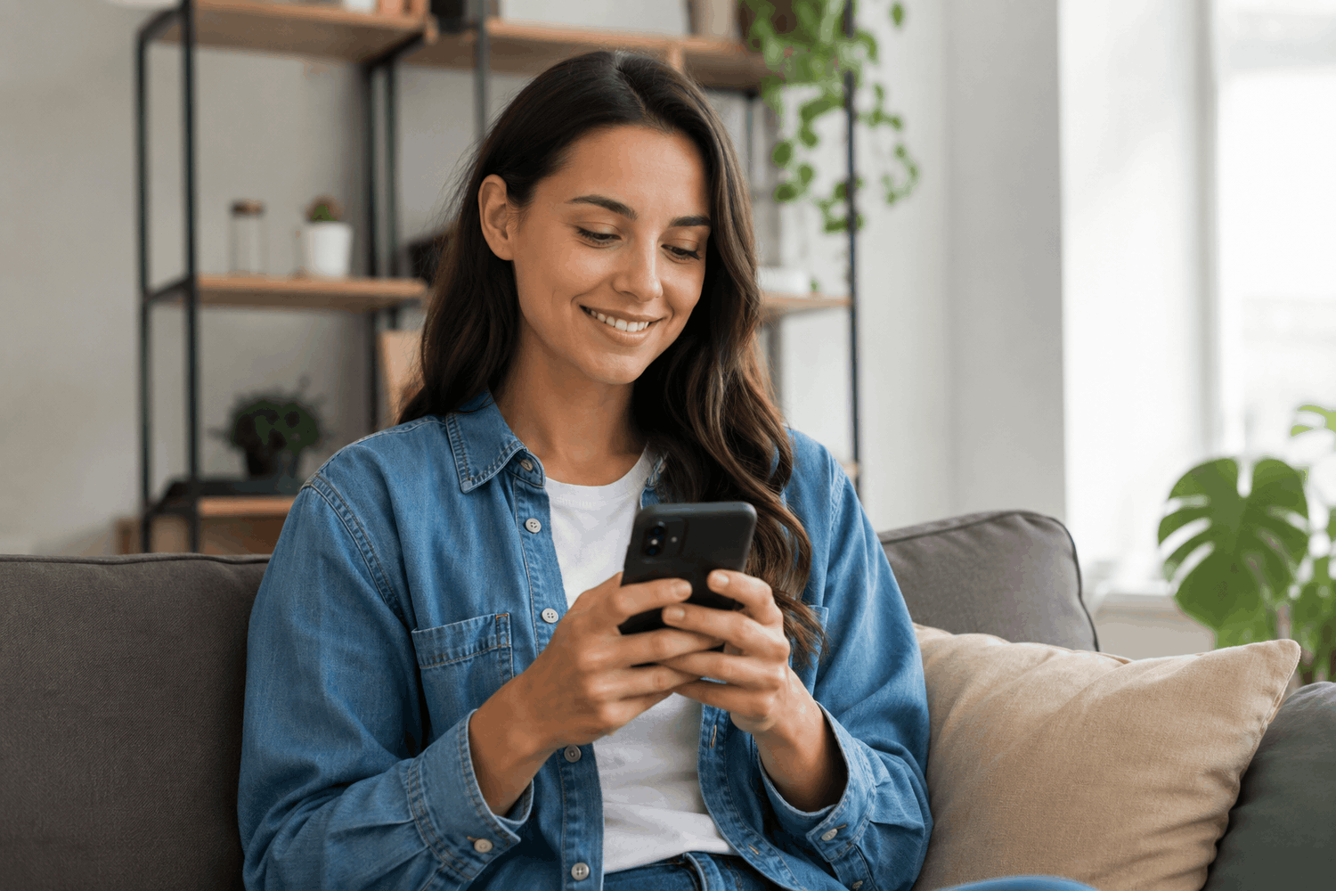 Woman using a mobile phone on a brown couch