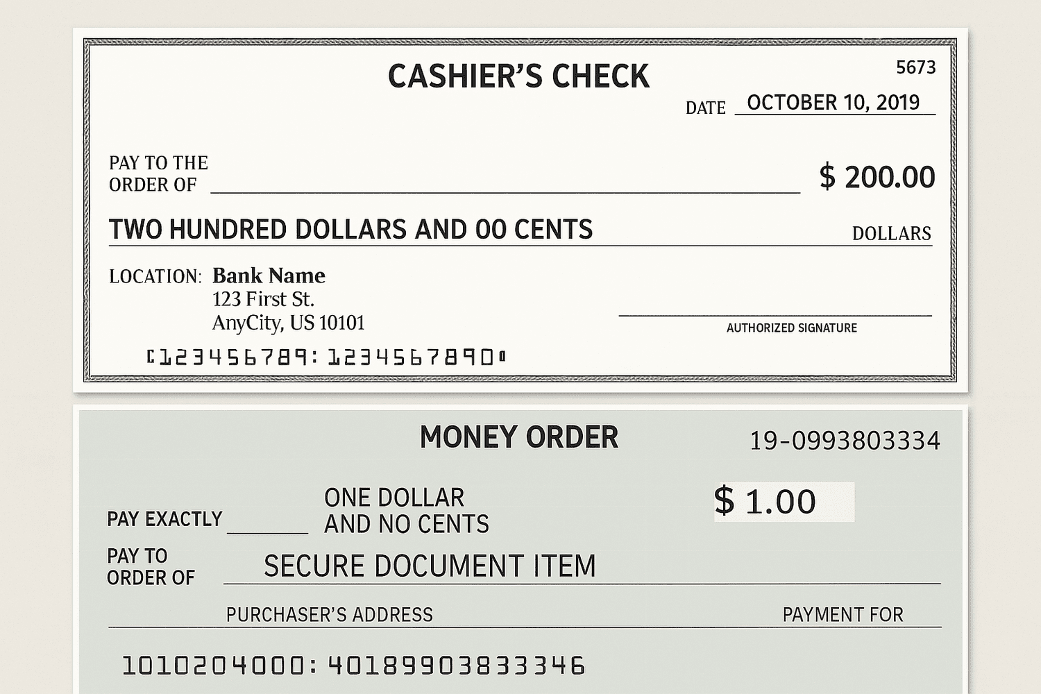A money order and a cashier's check side by side comparison
