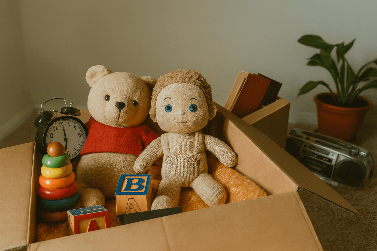 Moving box filled with toys from parents house