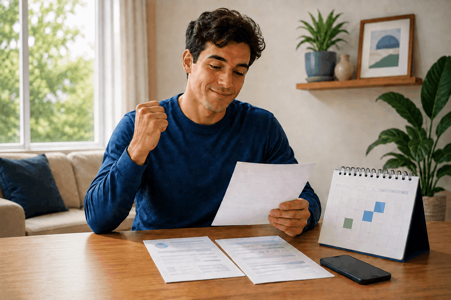 Man in blue sweater sitting at a desk