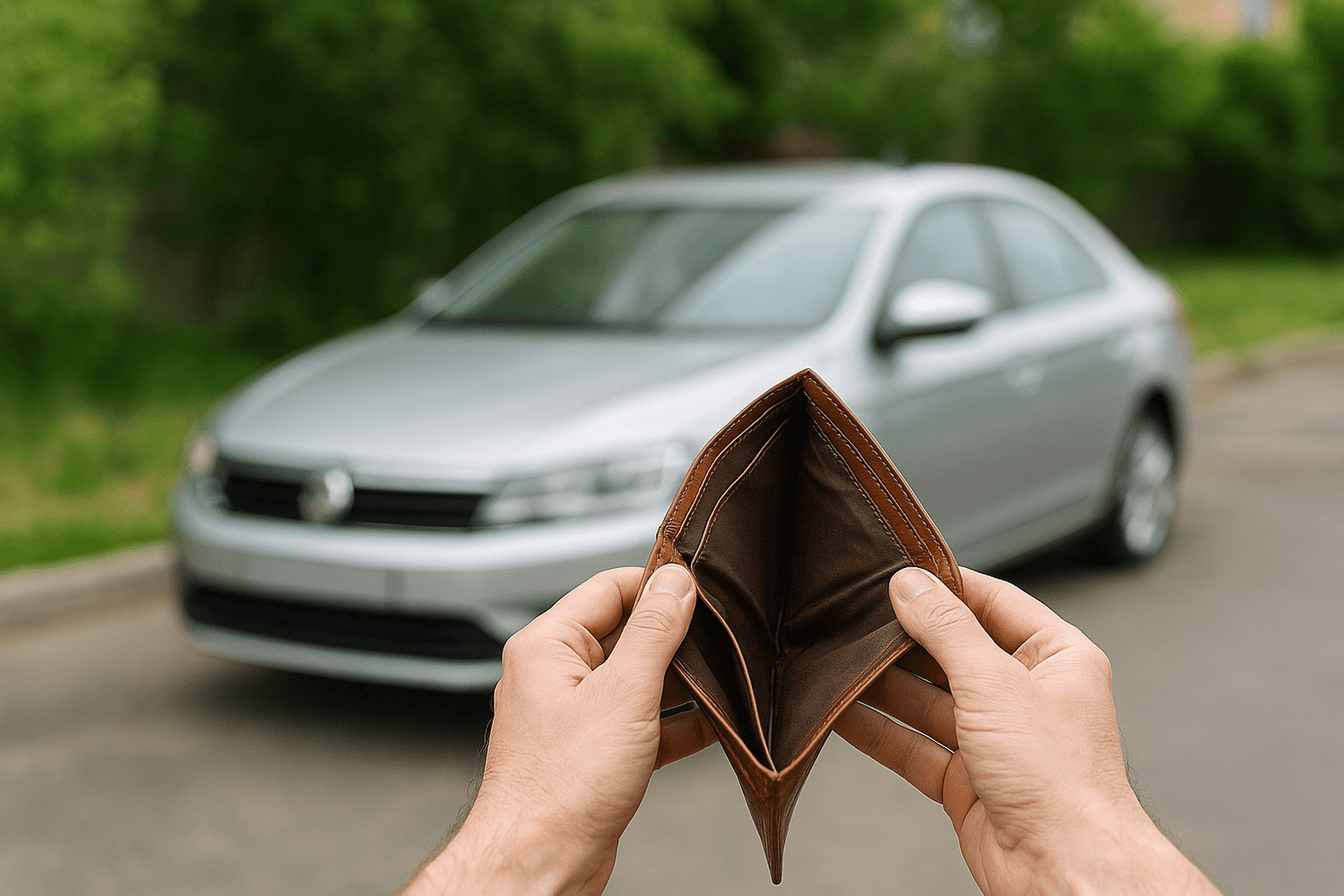 Wallet with no money in front of a grey car