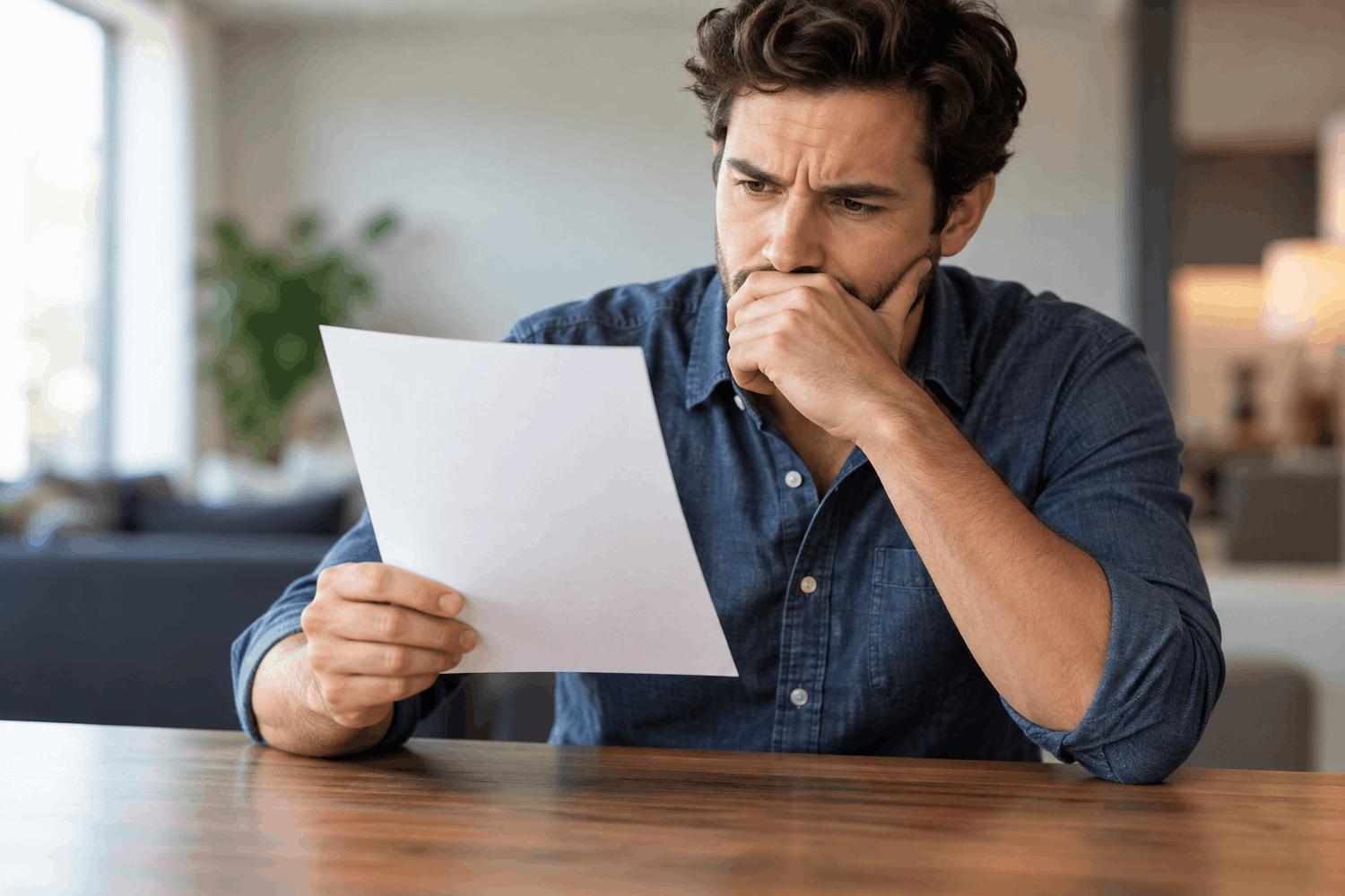 Concerned man looking at document at a wooden table
