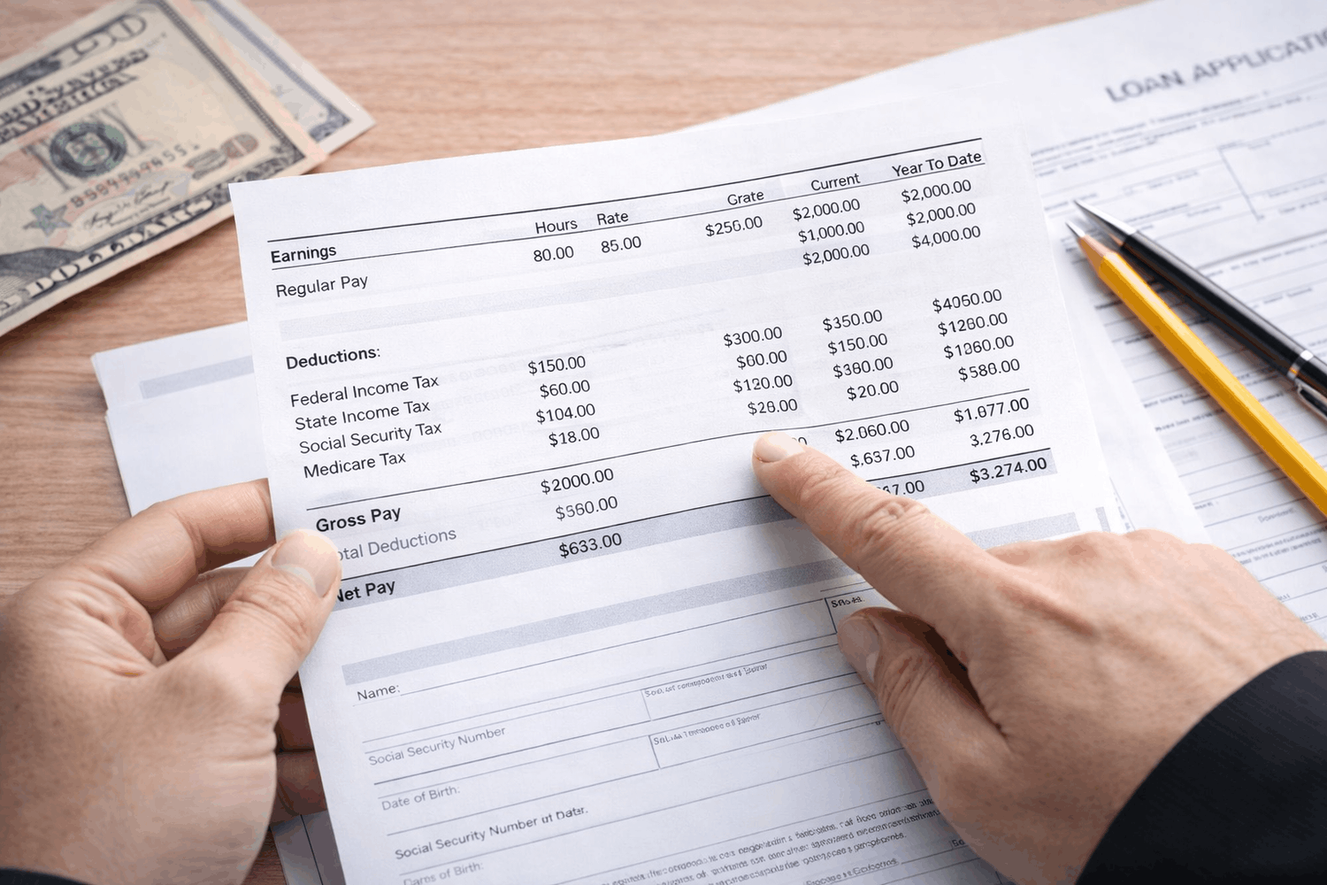 Hands reviewing a pay stub with earnings and deductions highlighted on a desk, showing net pay for a loan application