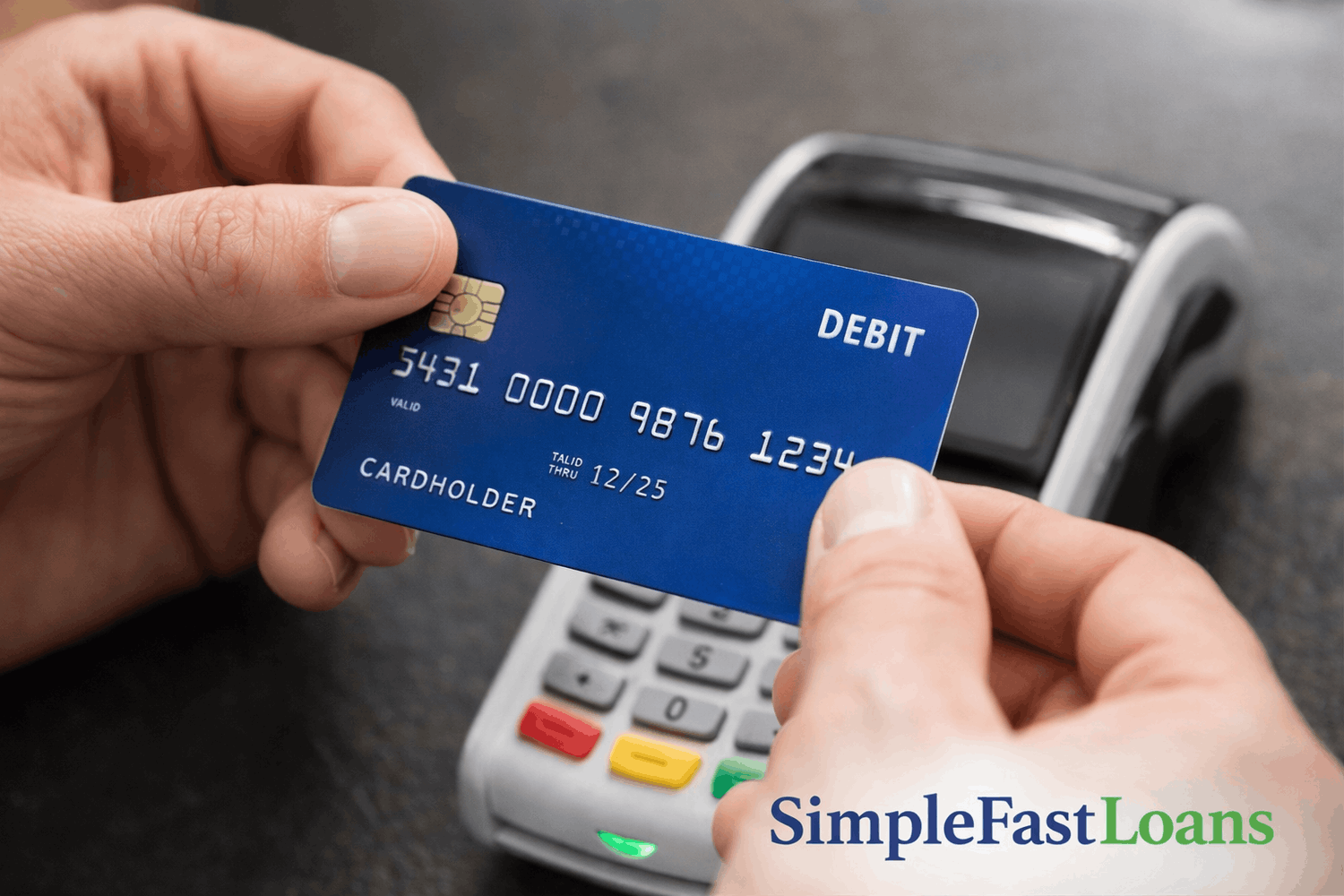 Hands pulling a blue debit card out of a payment terminal with a keypad