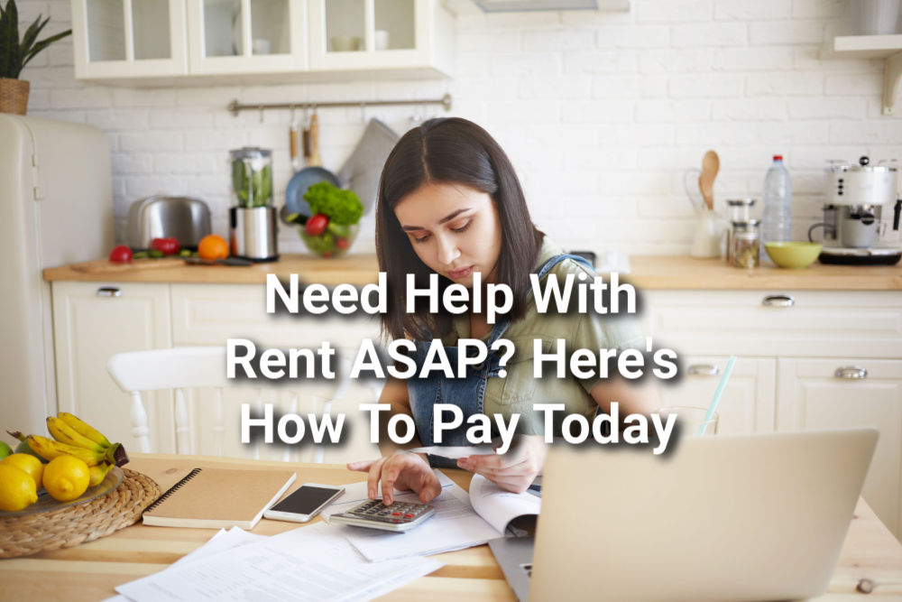 woman working on bills for rent with text need help with rent ASAP? Here's how to pay today