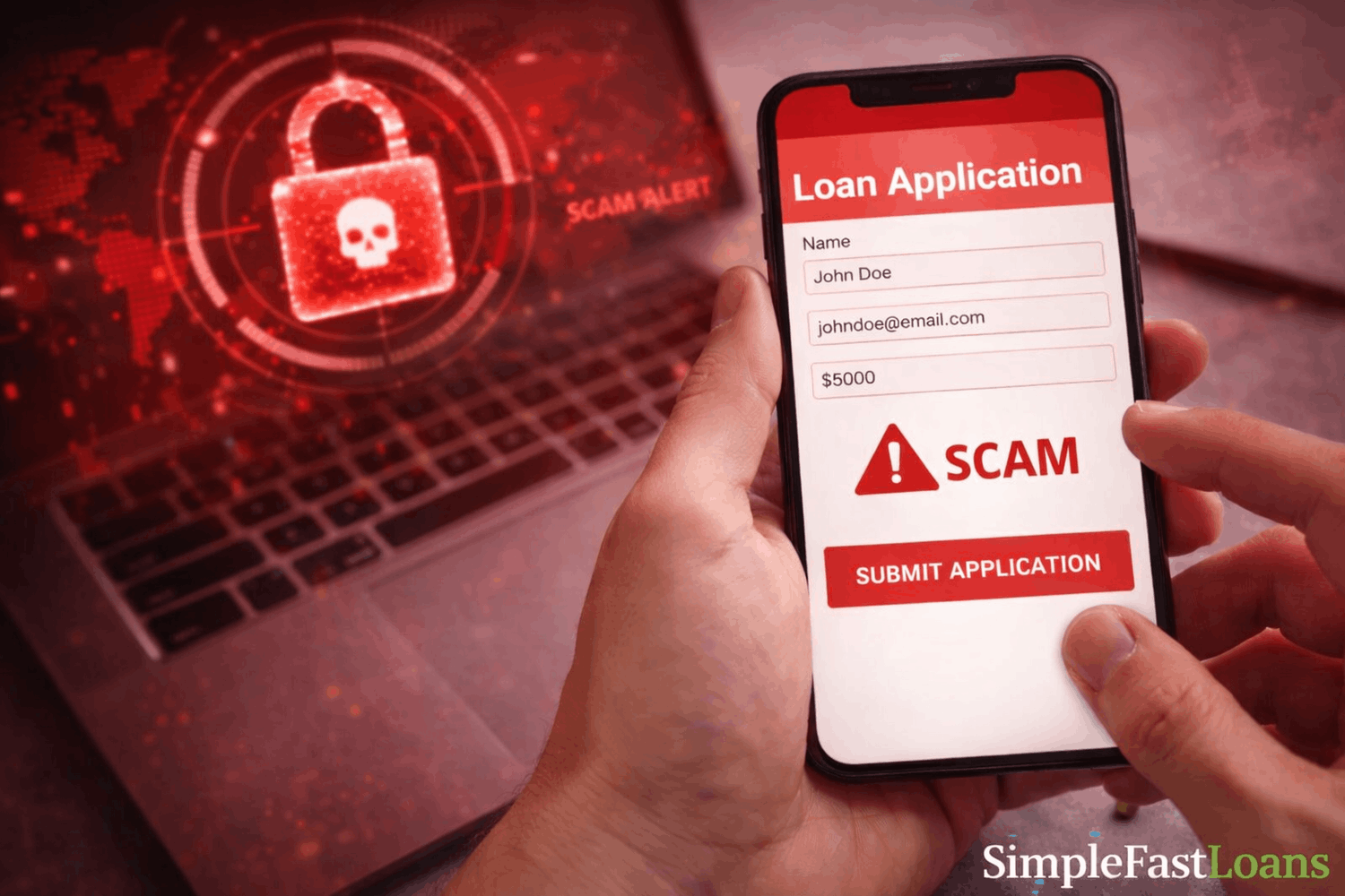Scam loan application on smartphone showing red padlock on the screen