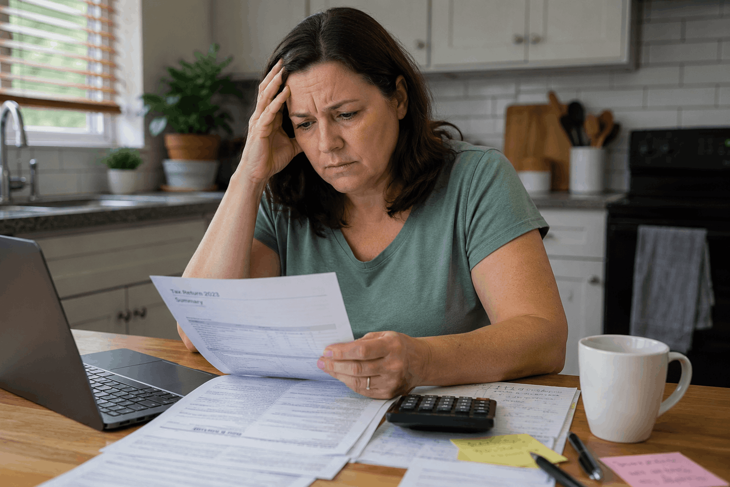 Concerned woman reading a tax return at the table