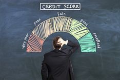 person looking at caulk board with credit score graph and seeing where their score lands