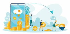 illustration with coins and people picking up the cash for flex loans