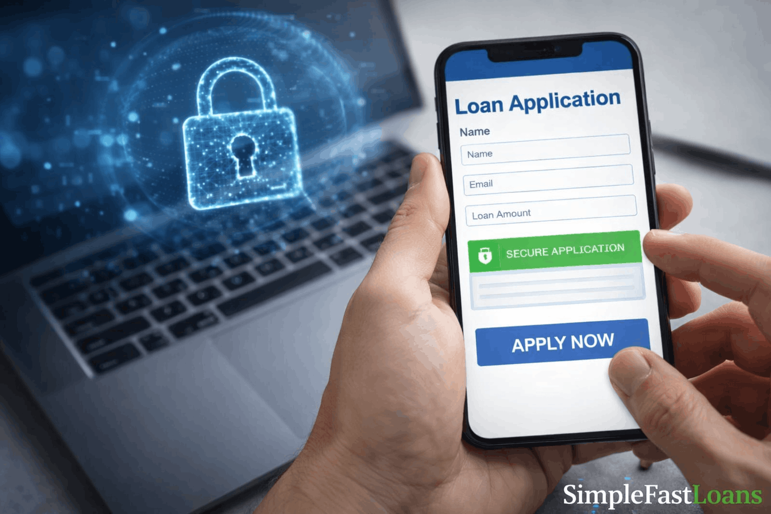Secure online loan application on smartphone with padlock security icon and SimpleFastLoans branding