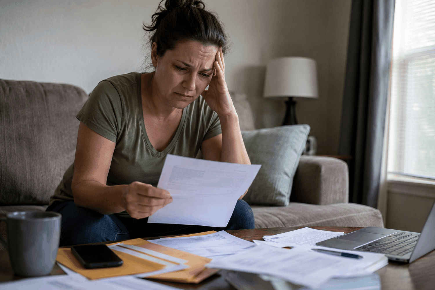 Woman sitting on a couch looking at a piece of paper worried