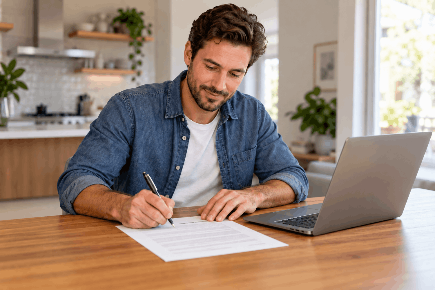 Man with a paper document in front of a laptop computer