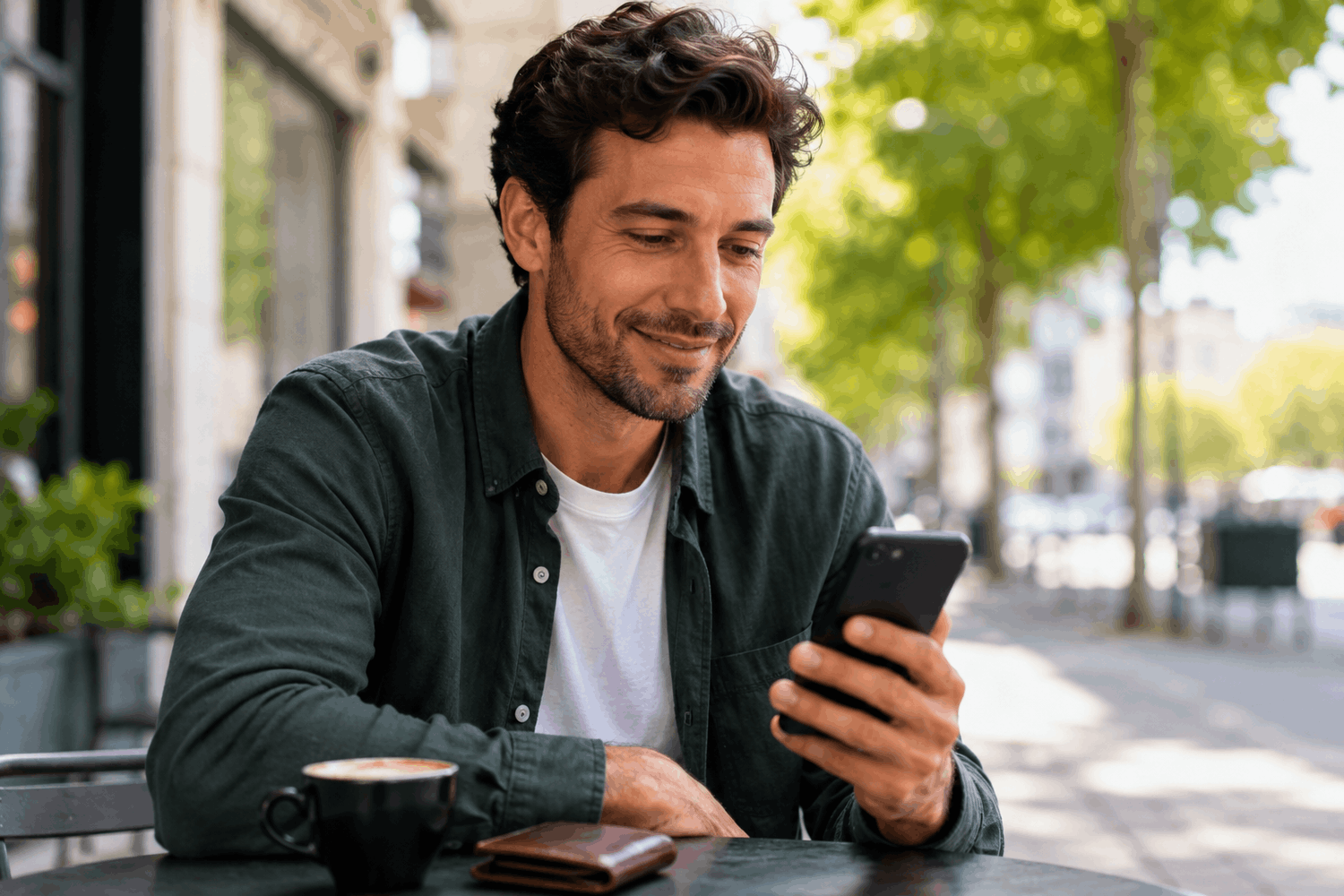 Man sitting at an outdoor café table looking at his phone with a coffee cup and wallet nearby.