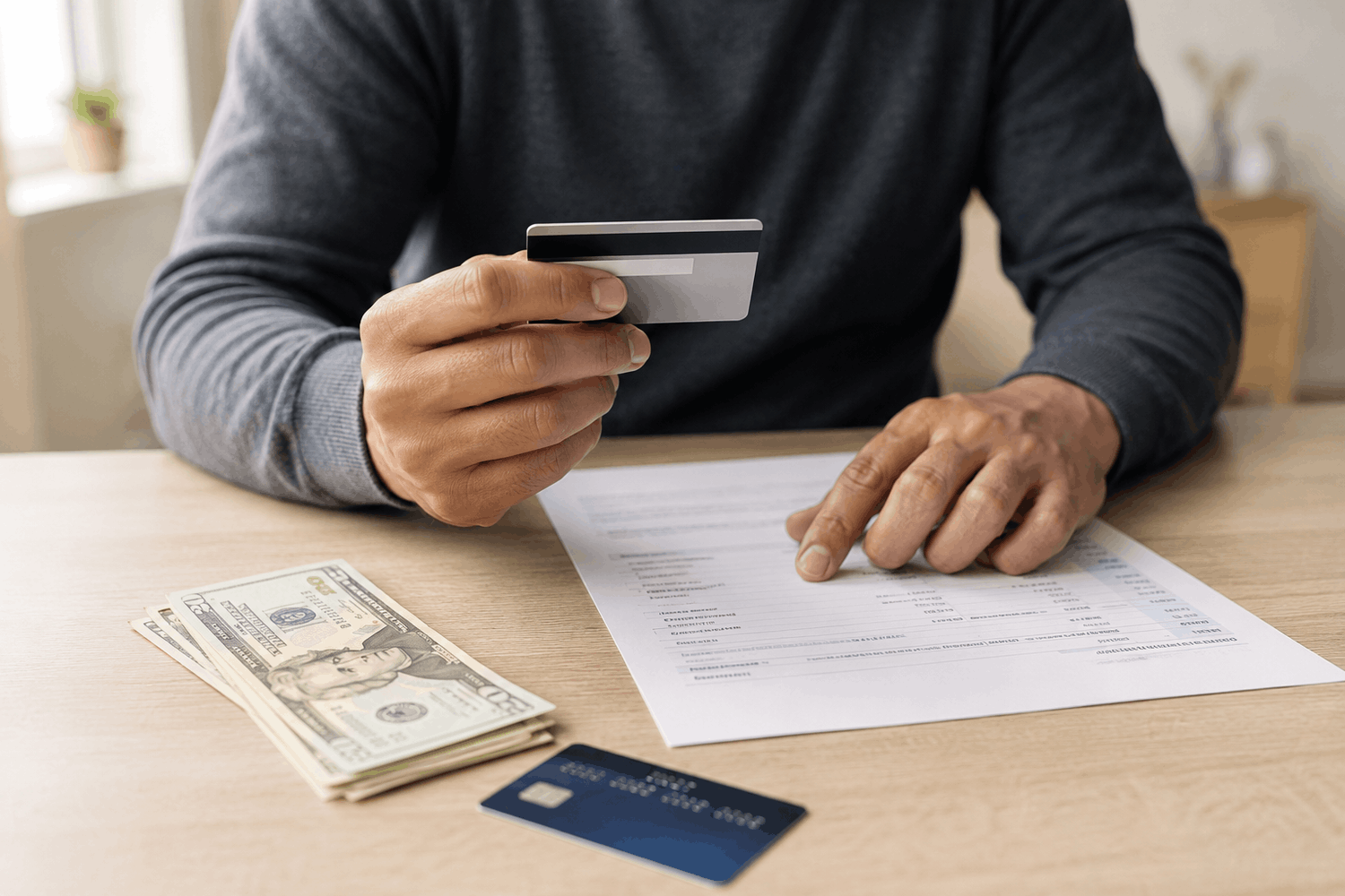 Person holding a credit card while reviewing financial documents with cash and another credit card on the table