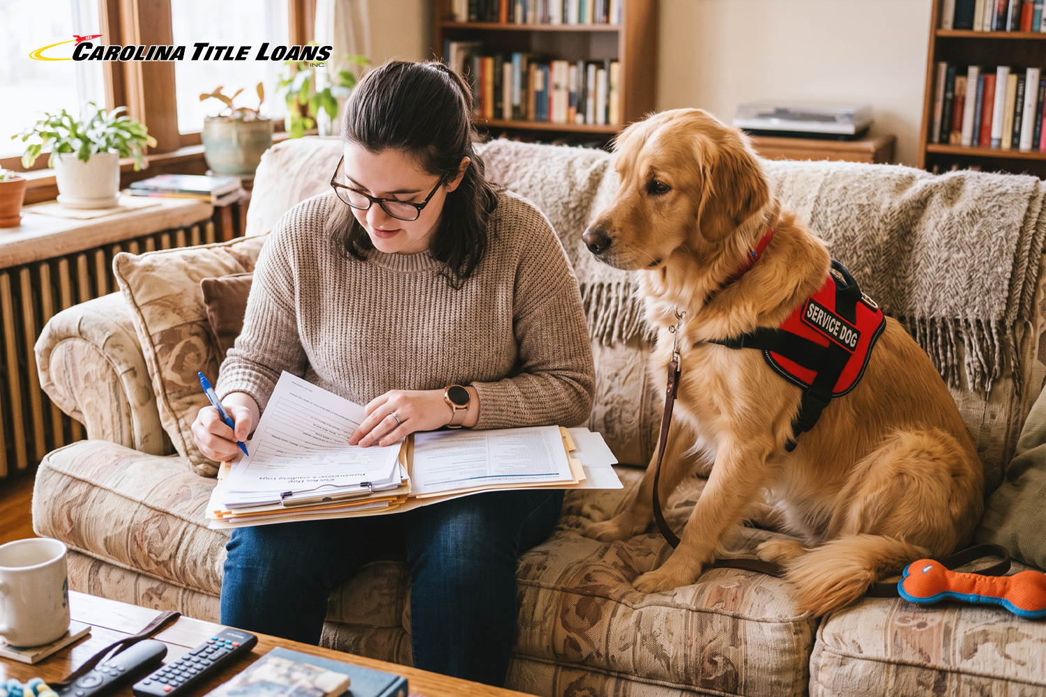 woman sitting with her dog going through a folder and documents